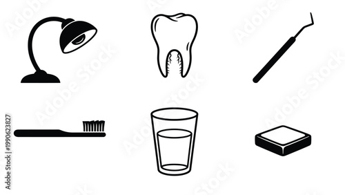 Dental Care and Oral Hygiene Icons Set. Black and White Vector Graphics for Dentistry, Tooth Health, and Medical Concepts.