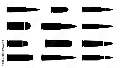 Black bullet silhouettes set of 12 gun ammunition icons, rifle and pistol cartridge vector graphics, weapon ammo clip art for military and hunting designs