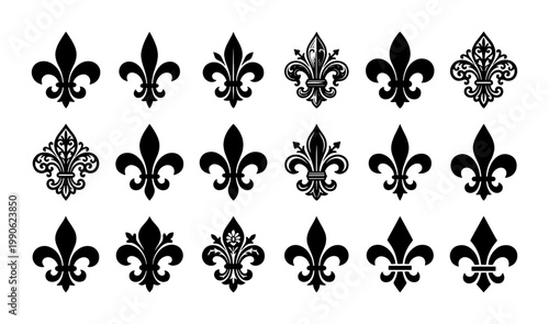Vintage fleur de lis vector icons set, royal lily heraldic symbols collection, black ornamental floral emblems for luxury branding and crest design