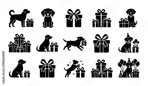 Dog birthday party icons set, black silhouette puppy with gift boxes and balloons, 15 vector elements for pet celebration and holiday greeting cards