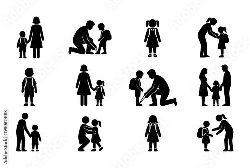 Back to school stick figure icons, parents and children silhouette set, 12 vector elements of students with backpacks and family members