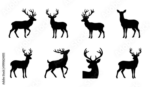Black deer silhouette collection, 8 wild stag and buck vector icons, forest animal silhouettes with antlers, hunting and nature design elements