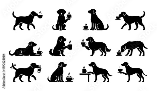 Black dog silhouettes holding coffee cups vector set, 12 labrador and retriever icons drinking hot tea, minimalist pet cafe branding elements