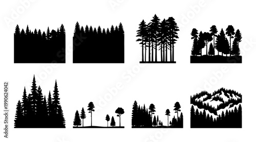 Black forest silhouette collection, pine tree landscape vector set, coniferous woodland horizon icons, evergreen mountain scenery graphics