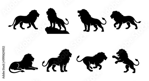 Lion silhouette collection with 8 animal vector shapes, majestic male lions in various poses, black wildlife predator icons for logo design