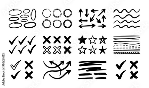 Hand drawn marker strokes and doodle elements, black ink brush arrows and circles, sketch check marks and cross symbols vector set