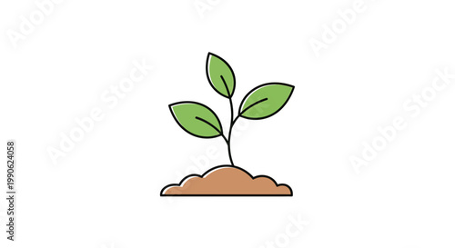 Tiny green seedling with three leaves emerging from brown soil mound