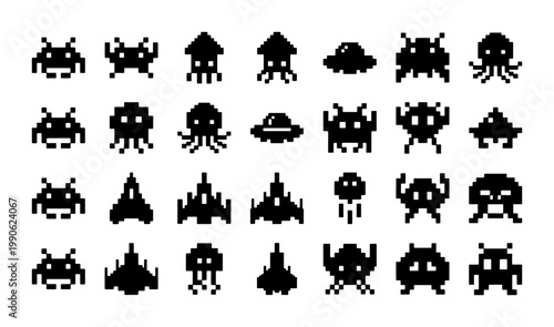 Retro pixel art space invaders icons, 28 vintage arcade game sprites collection, black 8-bit alien monsters and spaceship vector set