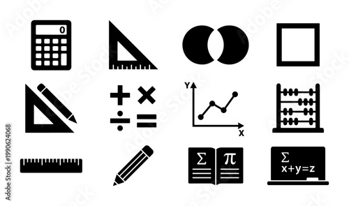 Mathematics and education icon set, black flat vector math symbols, school supplies and geometry tools collection for academic design