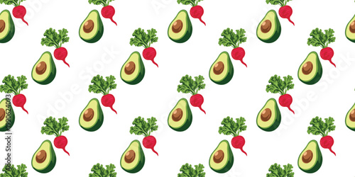 organic avocado and radish seamless pattern on white background