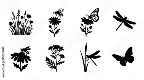 Black meadow insect silhouettes, wildflower and butterfly vector icons, set of 8 garden nature elements for summer branding and botanical design