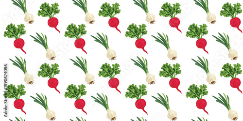 fresh vegetable seamless pattern with radish and onion minimal white backdrop