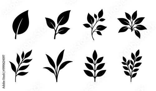 Minimalist black leaf silhouettes set, 8 botanical branch icons in vector format, organic foliage elements for eco-friendly branding and logo design