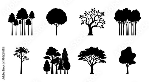 Black tree silhouette collection, set of 8 forest and garden plant icons, minimalist nature vector elements for landscape design and environmental branding