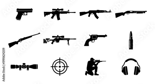 Military weapon silhouettes and firearm icons set, tactical rifle and handgun vector collection, shooting range equipment and sniper gear