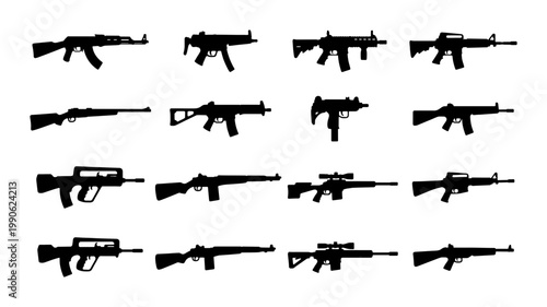 Military rifle silhouettes set, collection of 16 firearm vector icons, assault weapon and sniper gun black shapes, tactical armory equipment