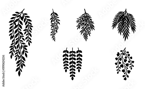 Hanging botanical leaf silhouettes, black floral vine vector set, 6 minimalist plant branch illustrations for wedding invitations and wall art