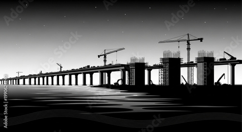 Bridge Construction Site Silhouette at Night.