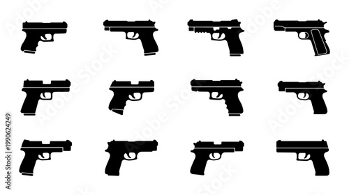 Handgun silhouette collection, set of 12 black pistol vector icons, modern semi-automatic firearm shapes for security and tactical design