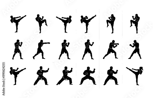 Martial arts silhouettes set of 18 vector icons, karate and kickboxing fighter poses, muay thai and mma combat sport athlete silhouettes on white background