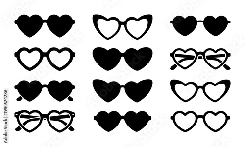 Heart shaped sunglasses vector icons, black silhouette eyewear set of 12 elements, romantic fashion glasses for summer party and wedding decor