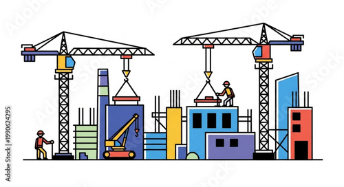 Construction site with cranes and buildings under development.