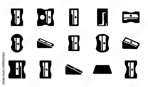 Minimalist pencil sharpener icon set, 15 black vector silhouettes of office stationery, professional school supplies and drawing tools for graphic design