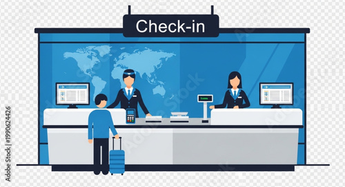 Airport check in counter with passengers and staff.