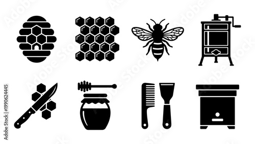 Beekeeping icon set with honey bee and honeycomb, black silhouette apiary equipment vector collection, 8 professional honey production icons