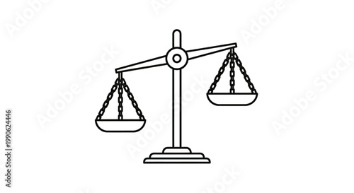 Black outline of an unbalanced scale with chains and pans on white