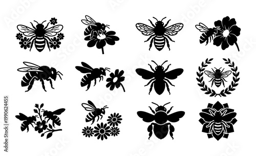 Vintage honey bee silhouettes, 12 black bumblebee icons with flowers and wreaths, rustic insect vector set for organic branding and honey labels