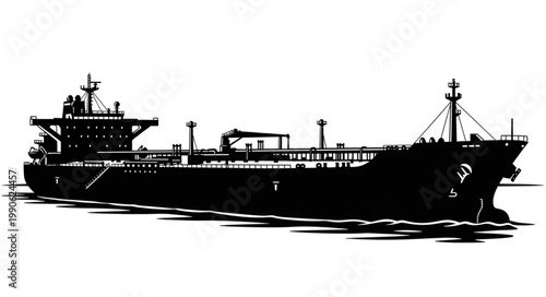Large cargo ship silhouette sailing on the ocean waves.