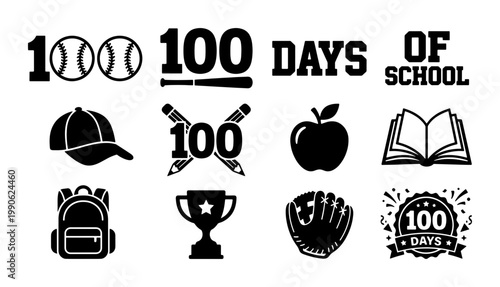 100 Days of School baseball theme vector icons, black and white education celebration graphics, school supplies and sports equipment set
