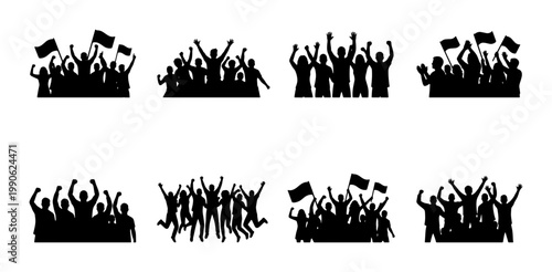 Crowd silhouette collection, cheering people at concert or sports event, set of 8 audience group vectors, fans with flags and raised hands