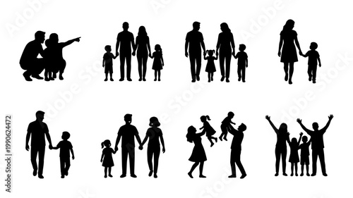 Family silhouette vector collection, black human figures of parents and children, set of 8 diverse family groups and people icons for infographic design