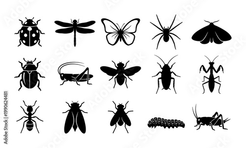 Black insect silhouette icons set, minimalist bug and beetle vector collection, 15 nature wildlife symbols for educational biology graphics