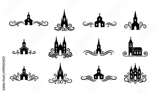 Vintage church silhouette icons with decorative flourishes, set of 12 religious building vector logos, elegant cathedral and chapel symbols for wedding stationery