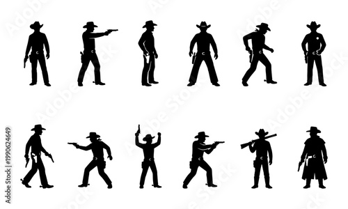 Wild West cowboy silhouettes set, 12 western outlaw and sheriff vector characters, black gunfighter and bandit figures for graphic design