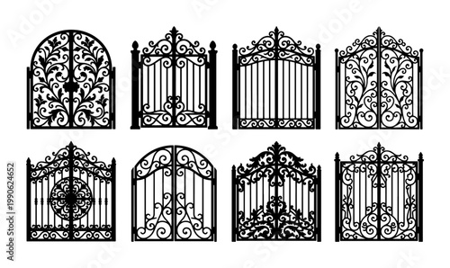 Wrought iron gate silhouettes, set of 8 decorative metal fence portals, vintage ornate garden entrance vectors with floral filigree and scrollwork