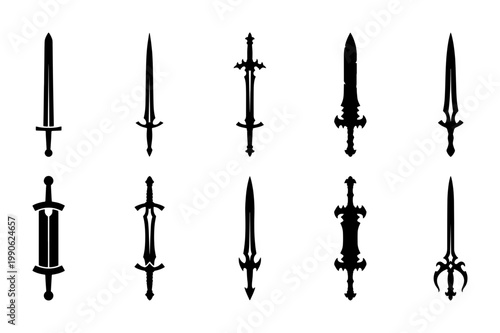 Medieval sword silhouettes collection, 10 fantasy weapon vector icons, black knight blade and dagger shapes, ancient warrior steel armory set