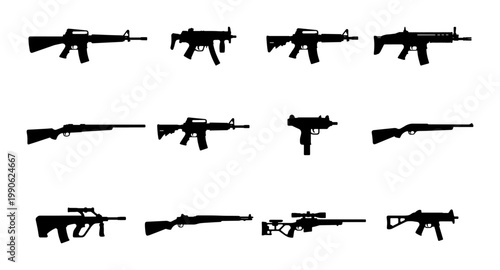 Military assault rifle silhouettes, set of 12 tactical firearm icons, black gun vector collection for gaming and security design