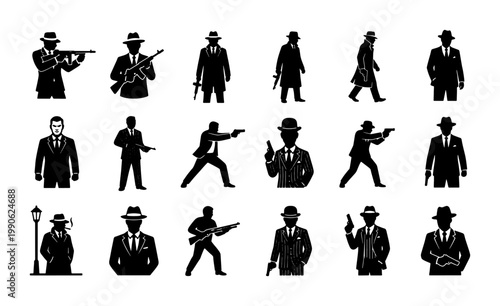 Vintage gangster silhouettes set, 18 noir mafia hitman vector icons, retro criminal underworld characters with guns and fedora hats