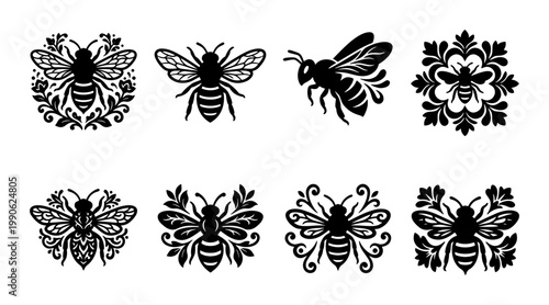 Vintage honey bee silhouettes, decorative bumblebee icons with floral ornaments, set of 8 black insect vector illustrations for branding and logos