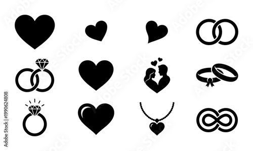 Wedding and love icon set, black silhouette heart and ring vector elements, romantic marriage symbols for invitation design and jewelry branding