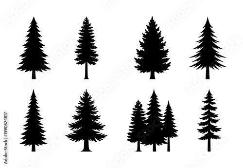 Pine tree silhouette collection, black evergreen forest vector icons, set of 8 coniferous spruce and fir tree shapes for outdoor nature branding
