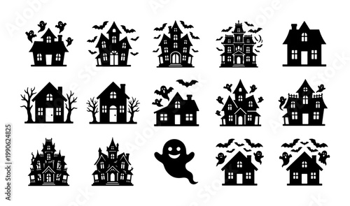 Halloween haunted house silhouette icons, spooky mansion and ghost vector set, black creepy castle and bat illustrations for holiday party decor