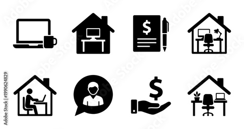 Remote work icon set, black silhouette home office symbols, 8 vector icons for freelance and digital nomad concepts, professional workspace graphics