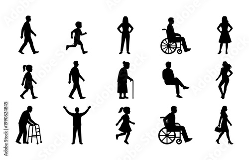 Diverse people silhouettes set, 15 human figures in various poses, inclusive community icons representing different ages and abilities, black vector graphics
