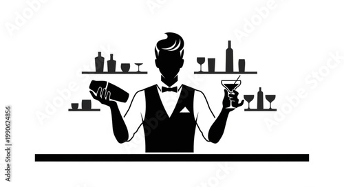 Bartender Silhouette Making Drinks Behind Bar.