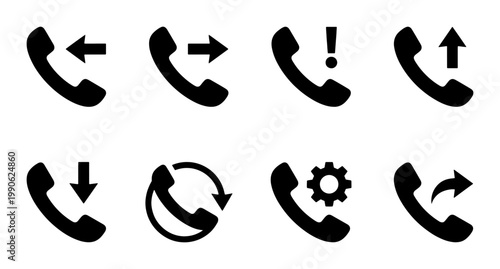 Minimalist phone icon set, 8 black telephone handset symbols with arrows and status indicators, communication interface vector elements for mobile apps